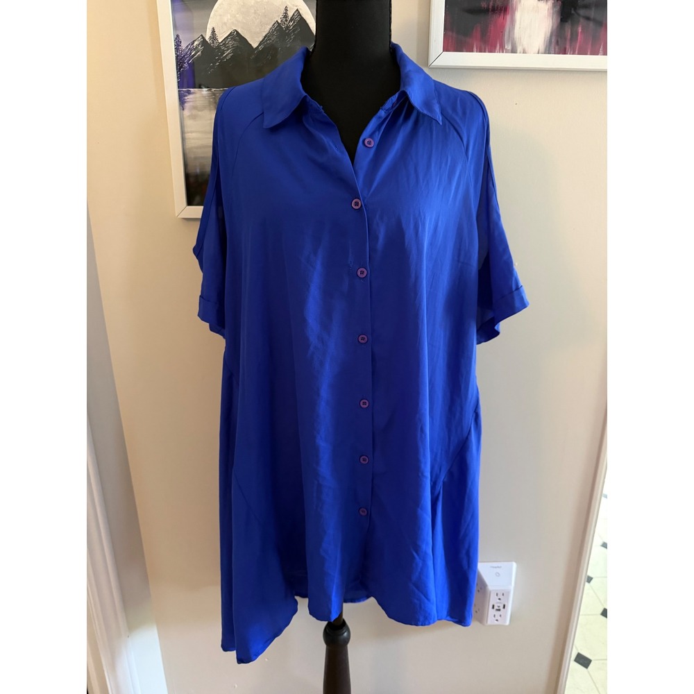 Caren Sport New York Cobalt Blue Cold Shoulder Button Down Shirt Dress Womens